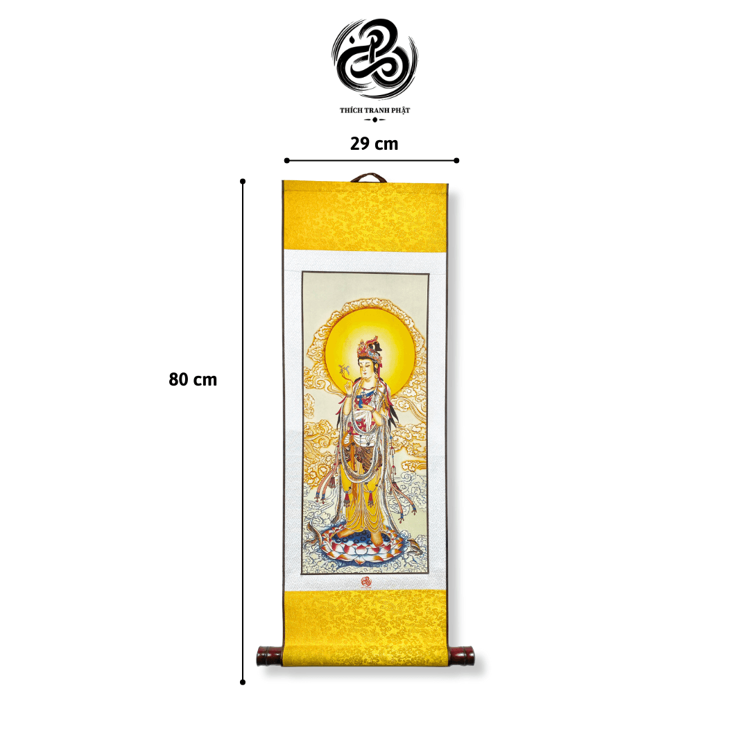 tranh liễn quan Âm bồ tát giấy lụa, gỗ thông 29x80cm