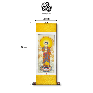 tranh liễn a di Đà phật giấy lụa, gỗ thông 29x80cm