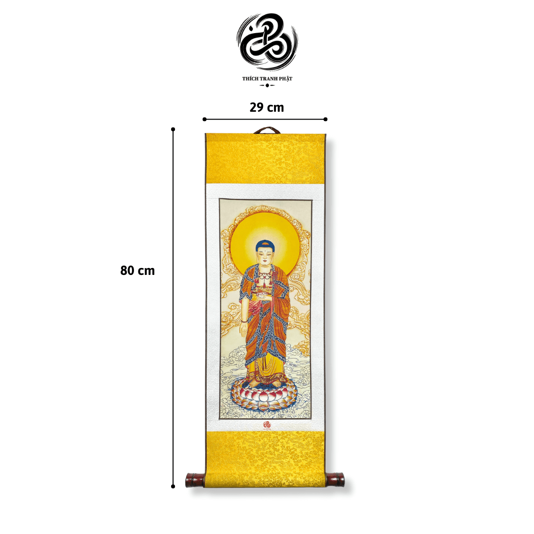 tranh liễn a di Đà phật giấy lụa, gỗ thông 29x80cm