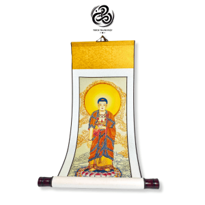 tranh liễn a di Đà phật giấy lụa, gỗ thông 29x80cm