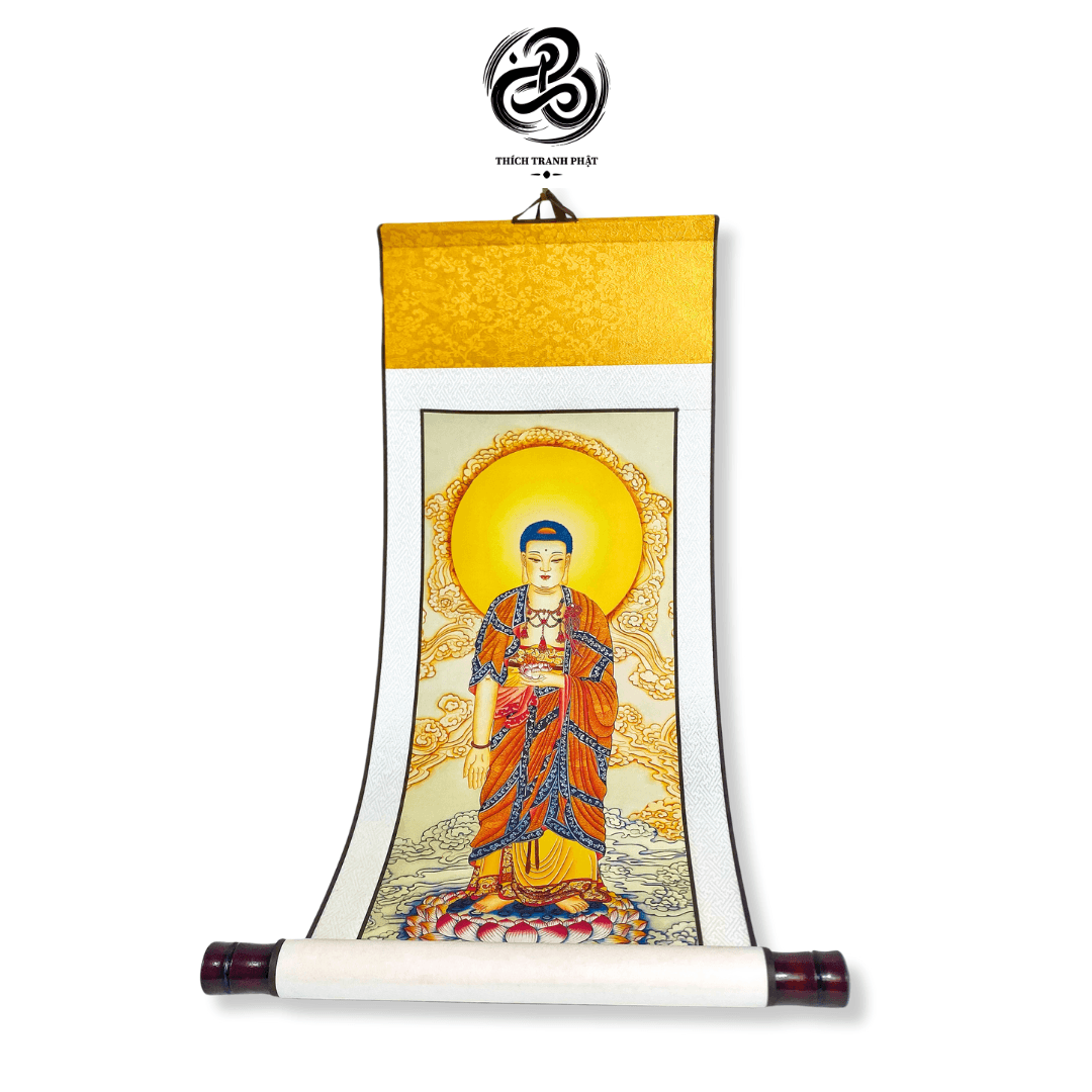tranh liễn a di Đà phật giấy lụa, gỗ thông 29x80cm