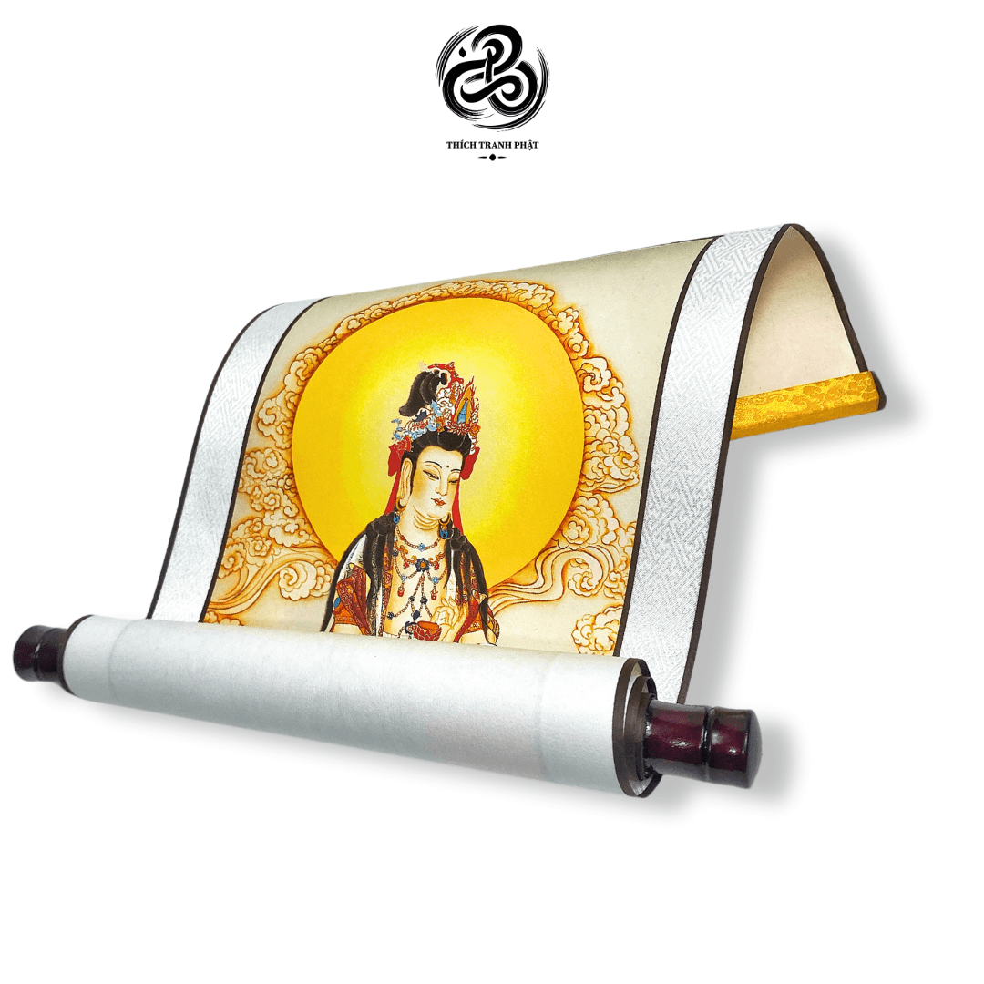 Tranh Đại Thế Chí Bồ Tát Liễn Giấy Bồi Xuyến Nẹp Mộc Cao Cấp - 29x80cm - Ảnh 3