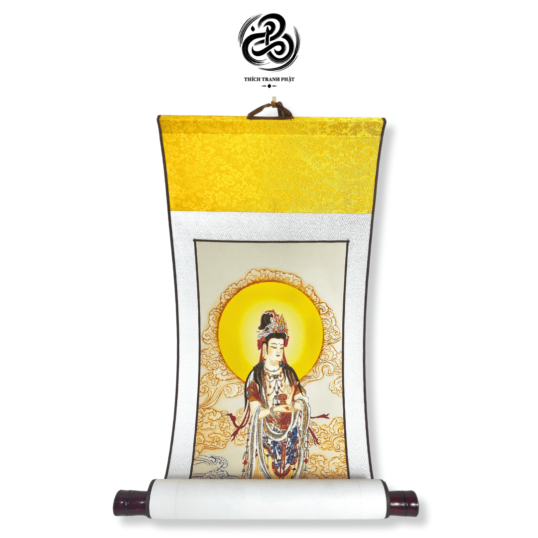 Tranh Đại Thế Chí Bồ Tát Liễn Giấy Bồi Xuyến Nẹp Mộc Cao Cấp - 29x80cm - Ảnh 4
