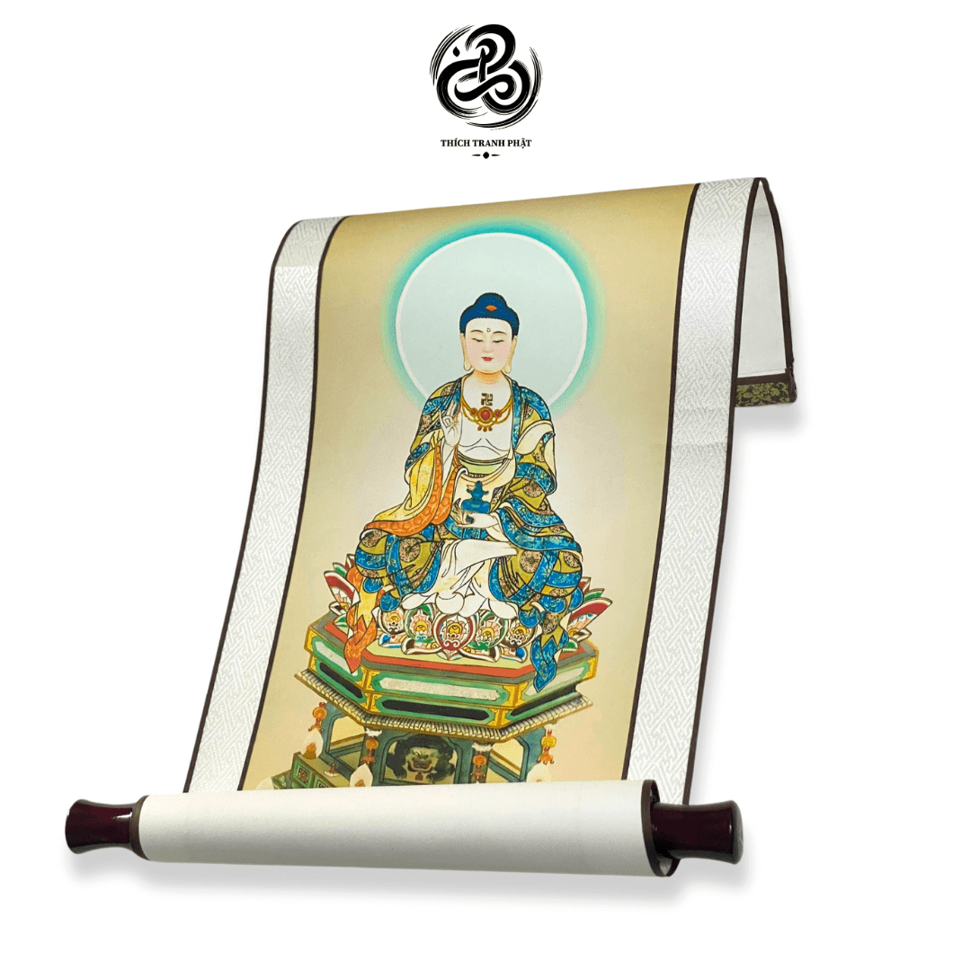 Tranh Liễn Dược Sư Lưu Ly Quang Vương Phật - Giấy lụa - 29x80cm - Ảnh 4
