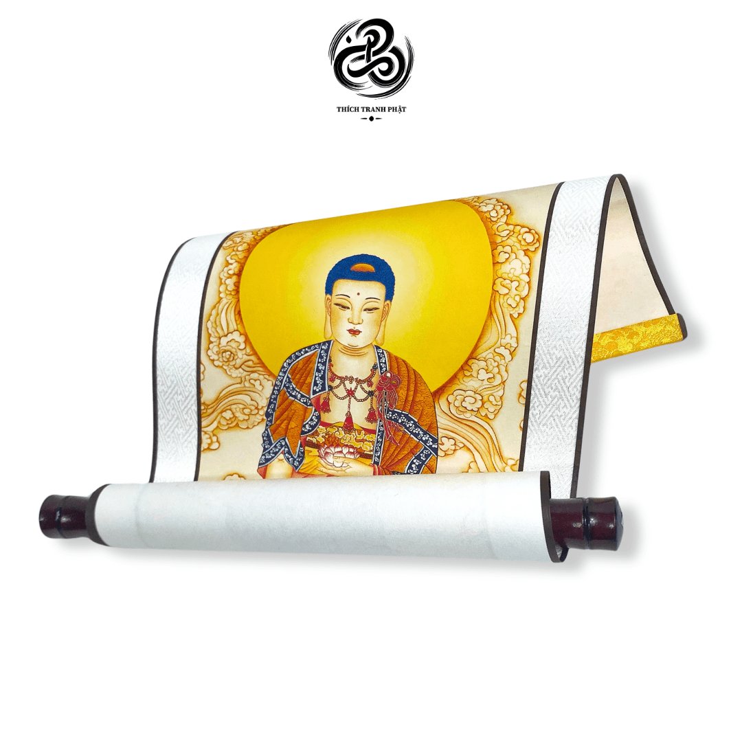tranh liễn a di Đà phật giấy lụa, gỗ thông 29x80cm