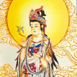 tranh liễn quan Âm bồ tát giấy lụa, gỗ thông 29x80cm