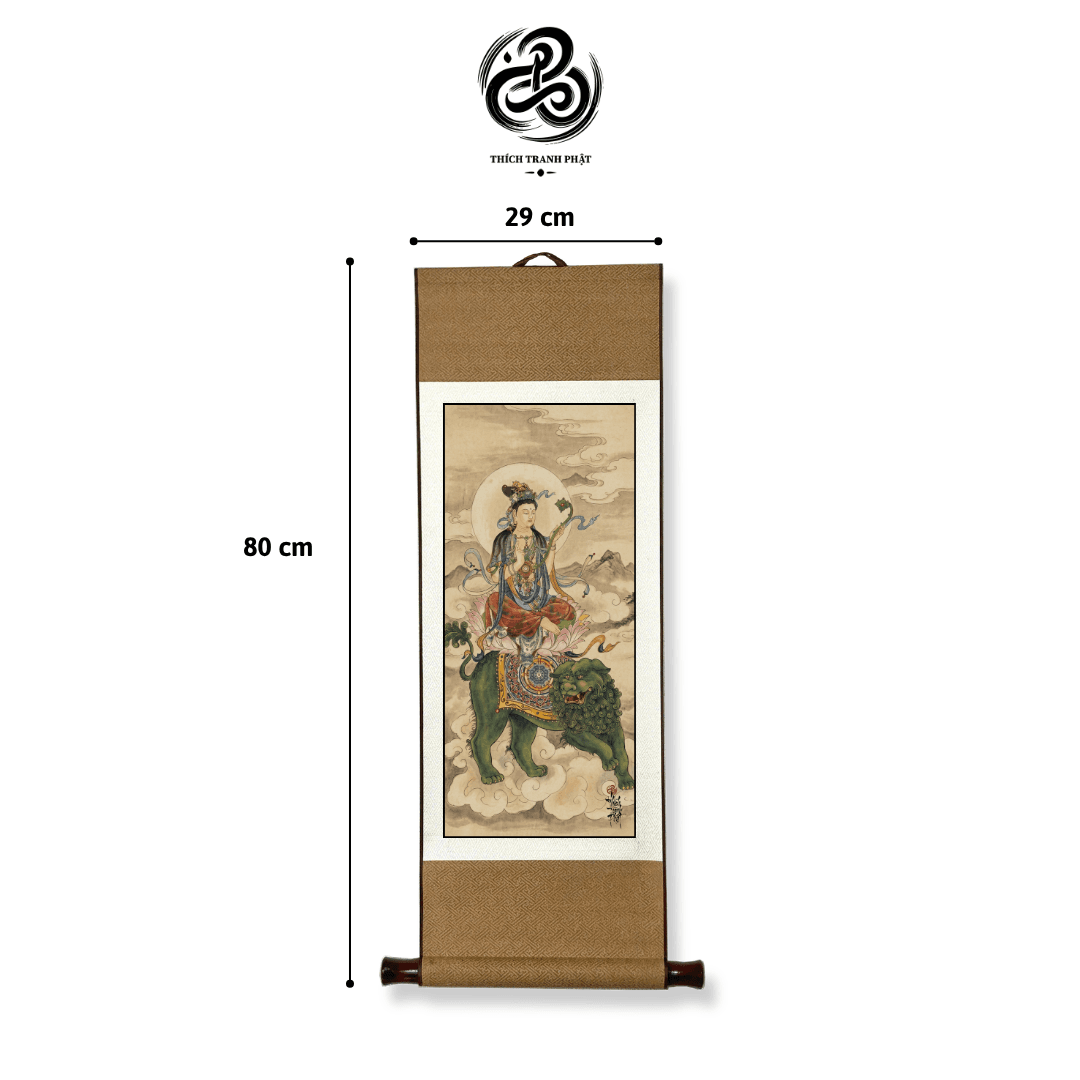 Tranh Văn Thù Phổ Hiền Bồ Tát Cưỡi Linh Thú (Linh Sơn) - Liễn Nẹp Mộc - Ảnh 3