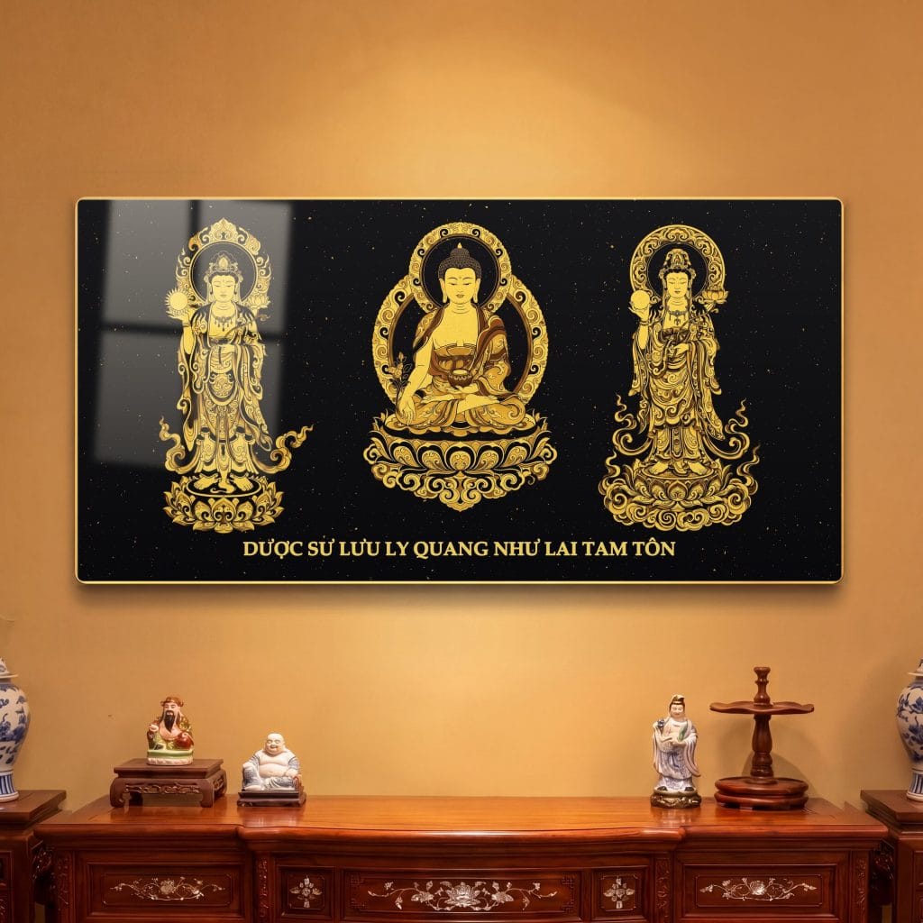 Tranh tráng gương Dược Sư Tam Tôn Hắc Kim treo phòng thờ